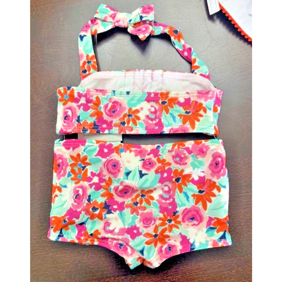 Janie And Jack Sz 6-12 mths Retro Inspire PINK ORANGE Swim Suit 2pc + HAT w/bow - Picture 4 of 15